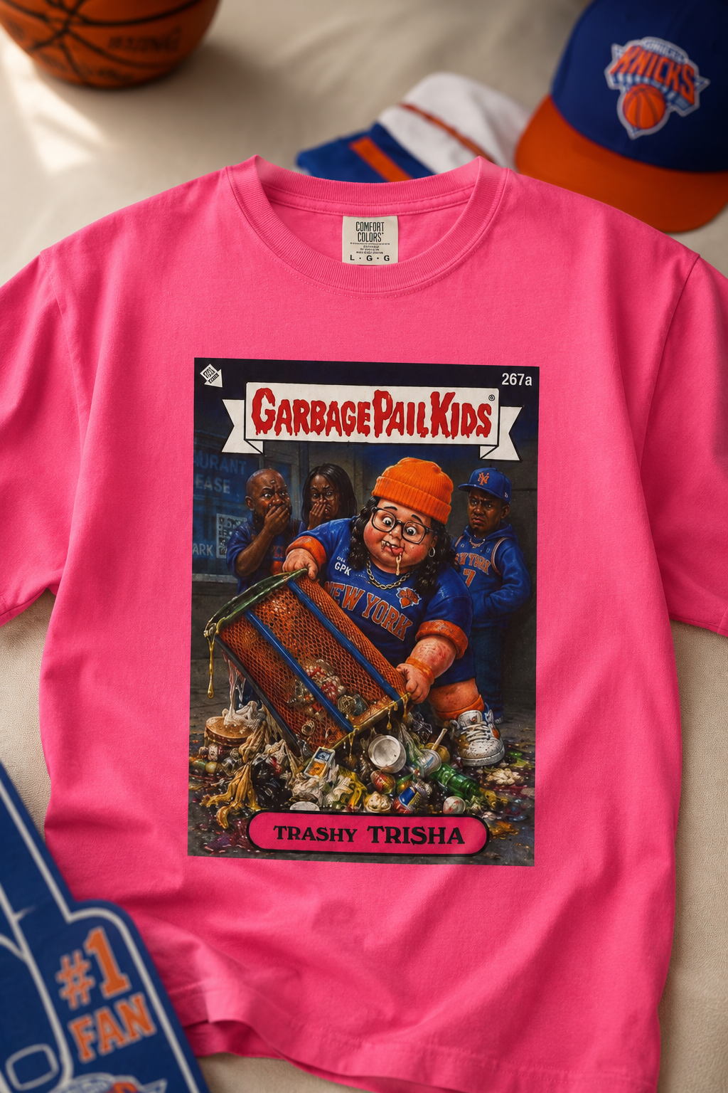 Hot pink Trashy Trisha Garbage Pail Kids parody Knicks t-shirt lifestyle view