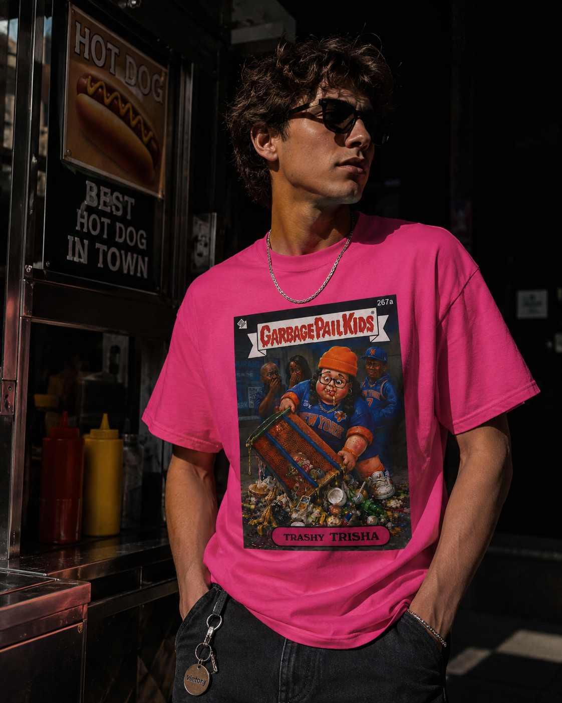 Male model wearing hot pink Trashy Trisha Knicks parody t-shirt