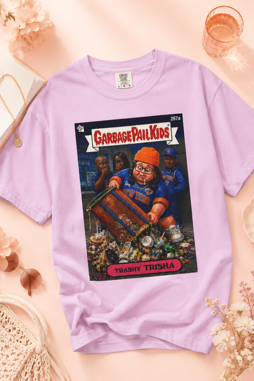 Lavender Trashy Trisha Knicks parody t-shirt flat lay