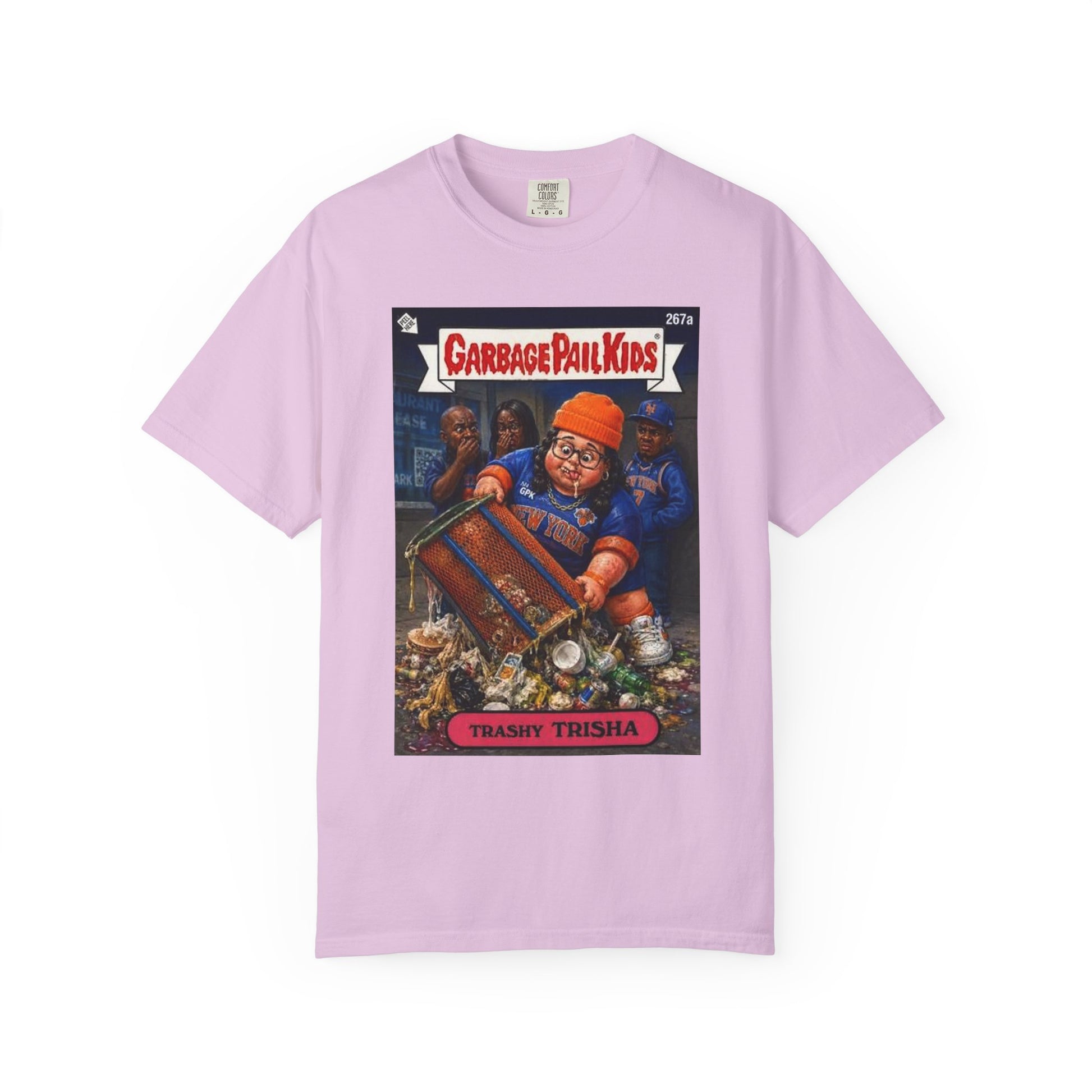 Trashy Trisha Garbage Pail Kids parody Knicks t-shirt front view in lavender