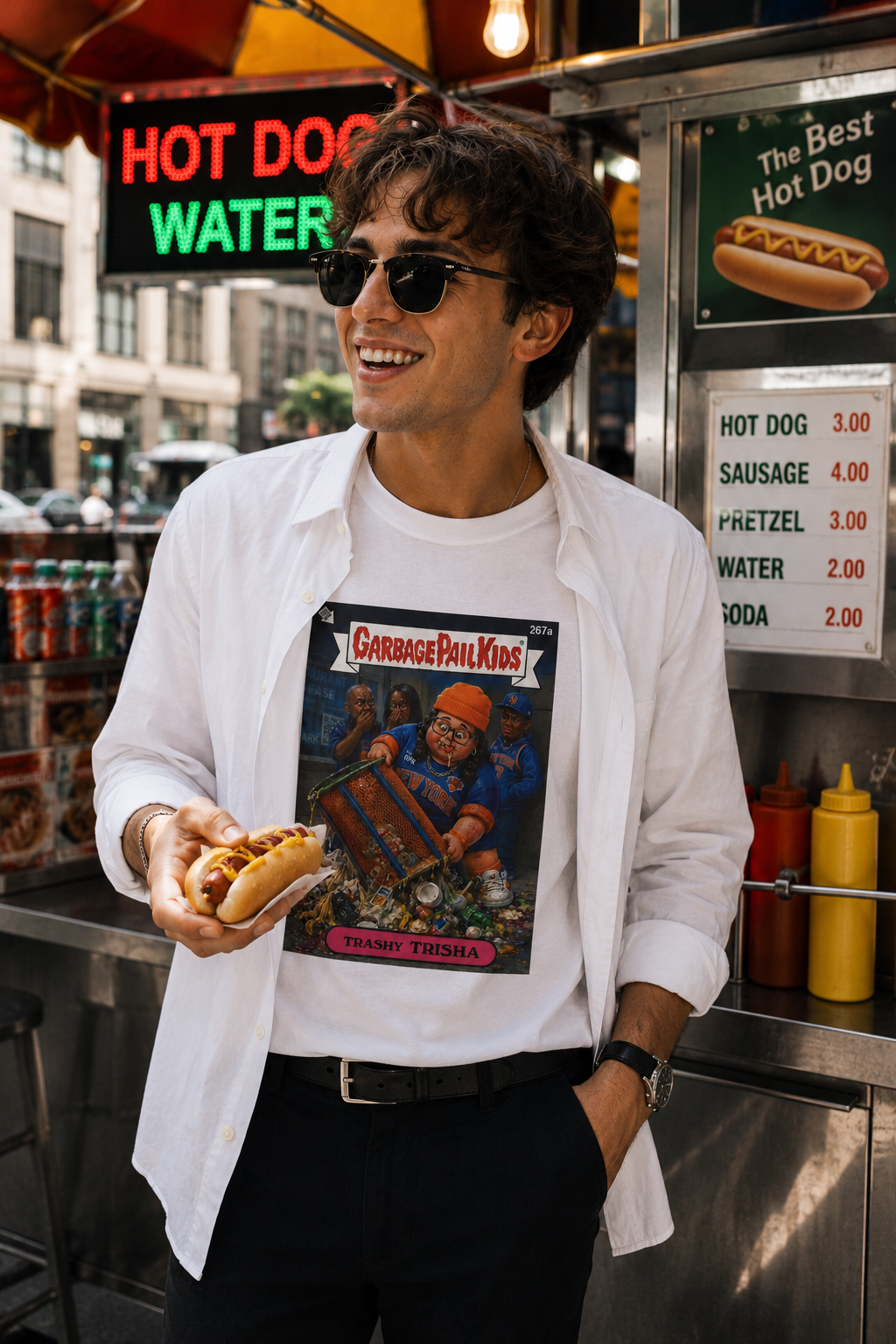 Male model wearing Trashy Trisha Garbage Pail Kids parody Knicks t-shirt outdoors