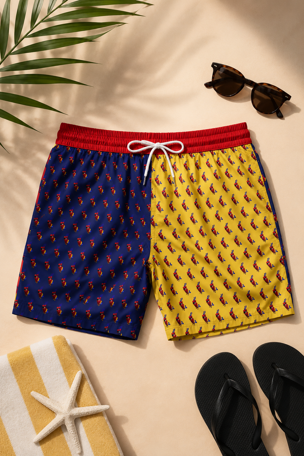Colorful tropical 8 bit parrot swim trunks displayed in a premium editorial flat-lay with beach accessories, palm leaves, sunglasses, flip-flops, and a coastal-inspired setting