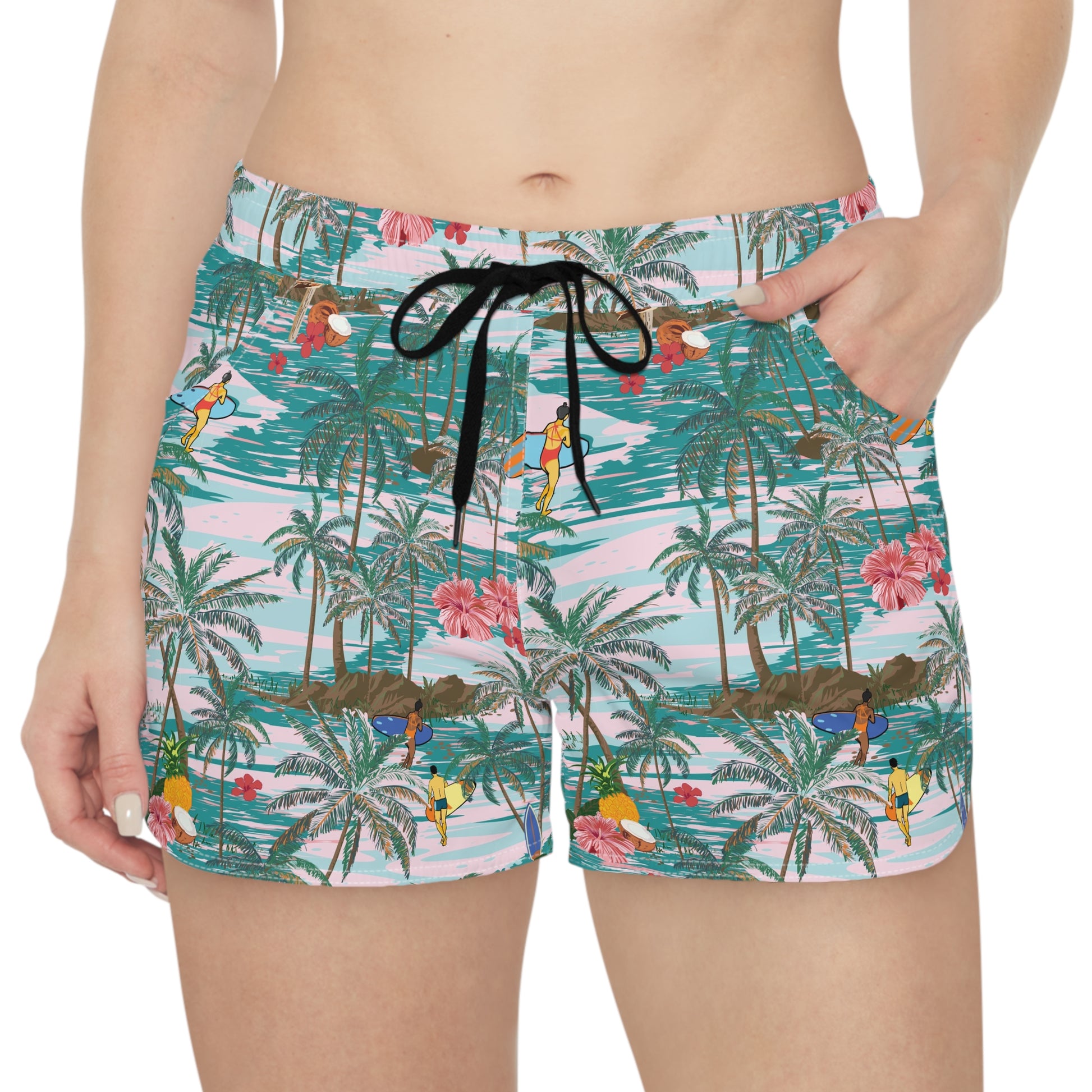 Front view of tropical print women’s summer shorts with adjustable drawstring waistband