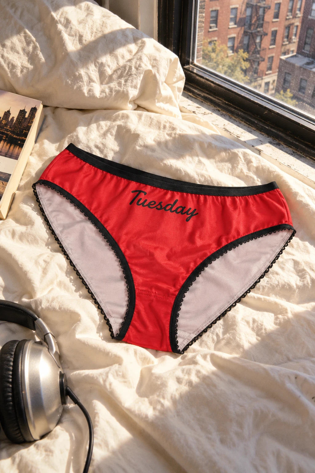 Tantrum Media Tuesday Panty in red with black script and trim, resting on cream bedding beside headphones and a city apartment window.
