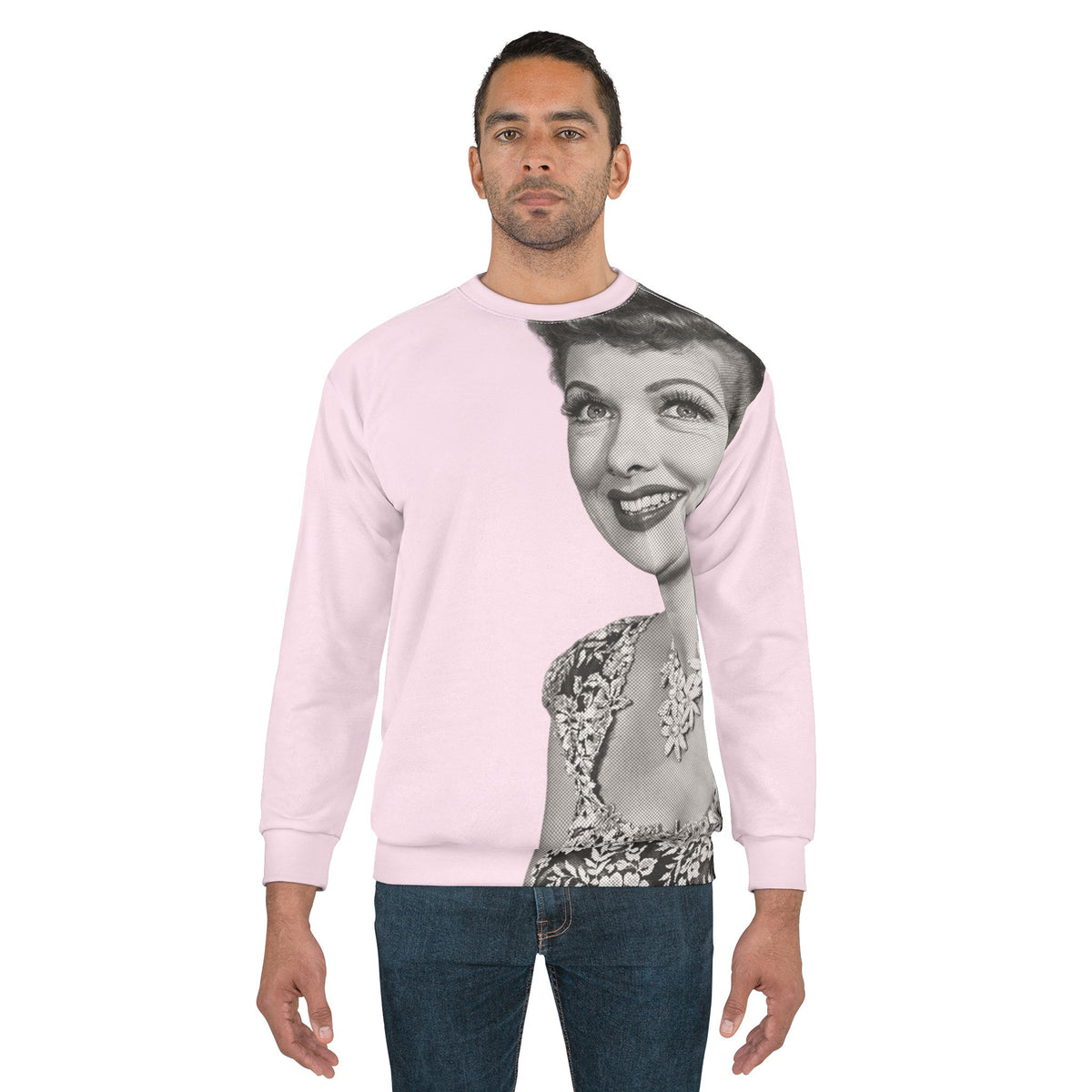 Male model wearing pink Lucille Ball graphic sweatshirt with vintage portrait print