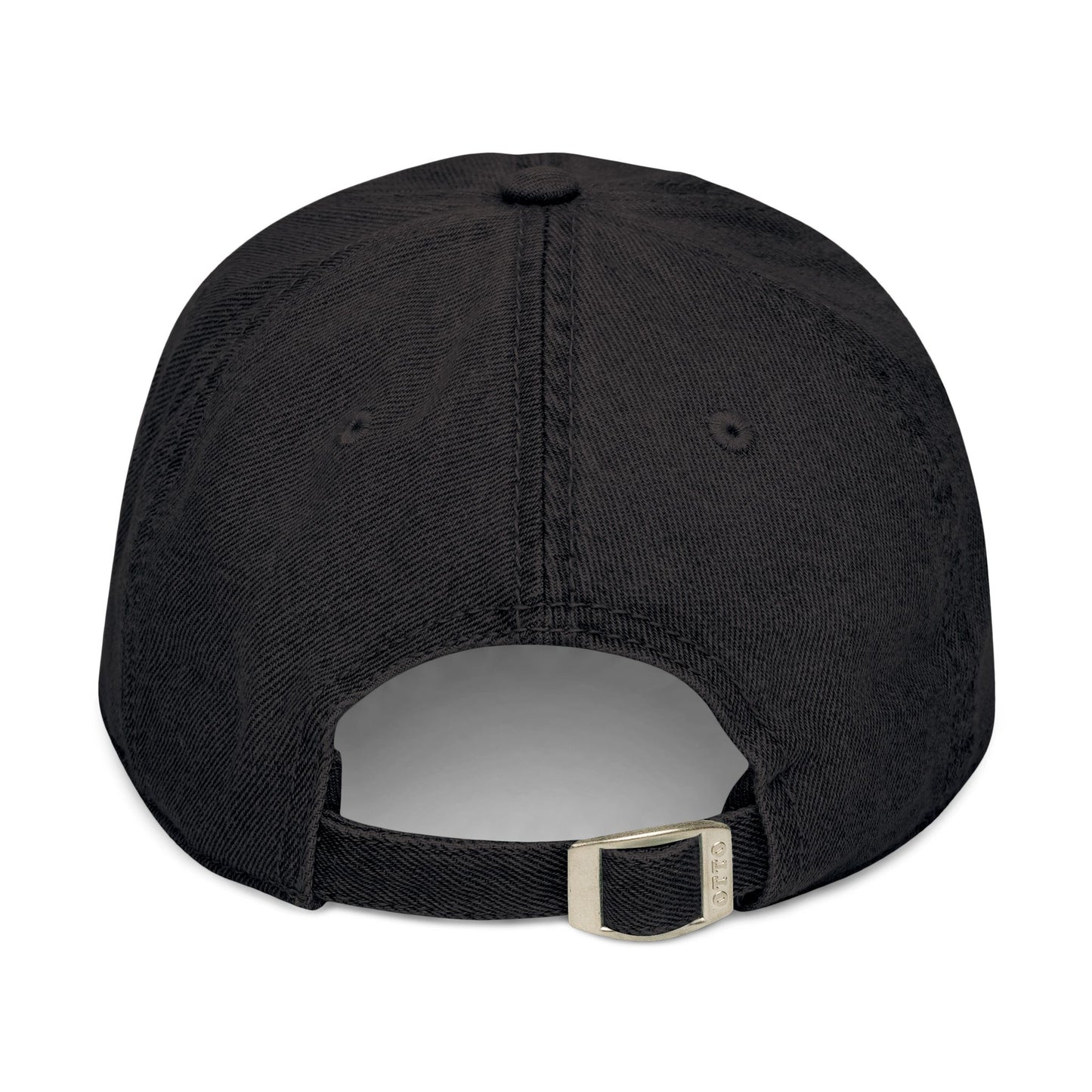 Back view of black adjustable UH OH HOT DOG denim dad hat