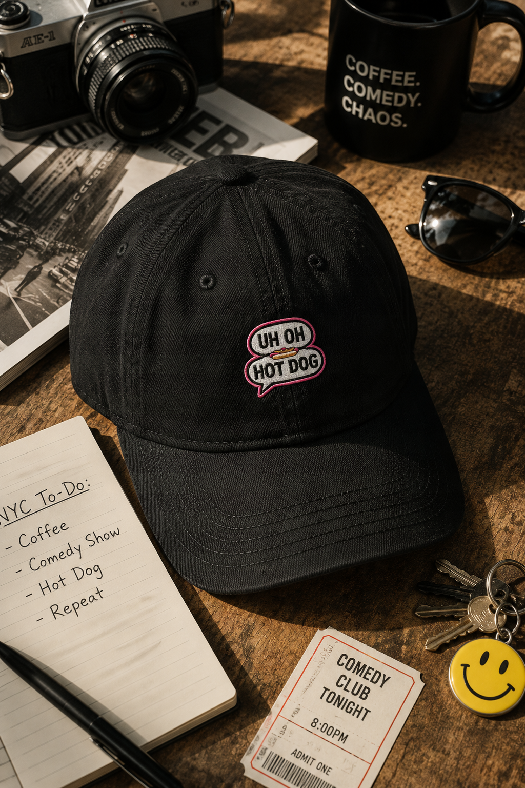 Black UH OH HOT DOG embroidered dad hat editorial flat lay mockup