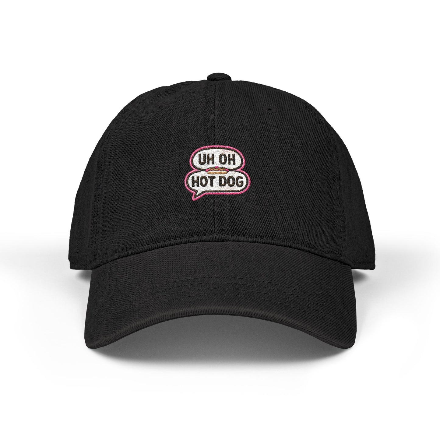 Front view of black UH OH HOT DOG embroidered denim dad hat