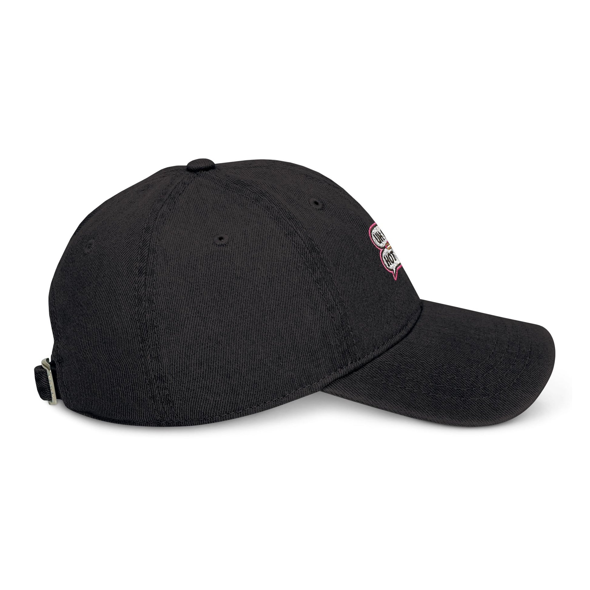 Angled side view of black UH OH HOT DOG embroidered denim hat