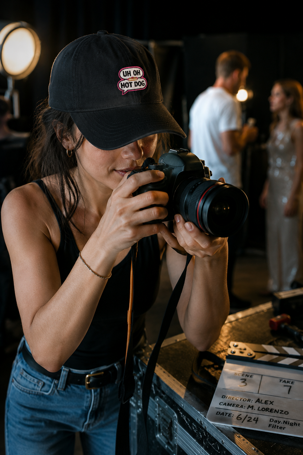 Female millennial wearing black UH OH HOT DOG embroidered hat backstage on film set