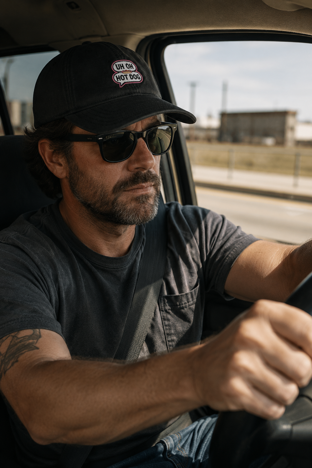 Gen X man wearing black UH OH HOT DOG embroidered hat while driving truck to work