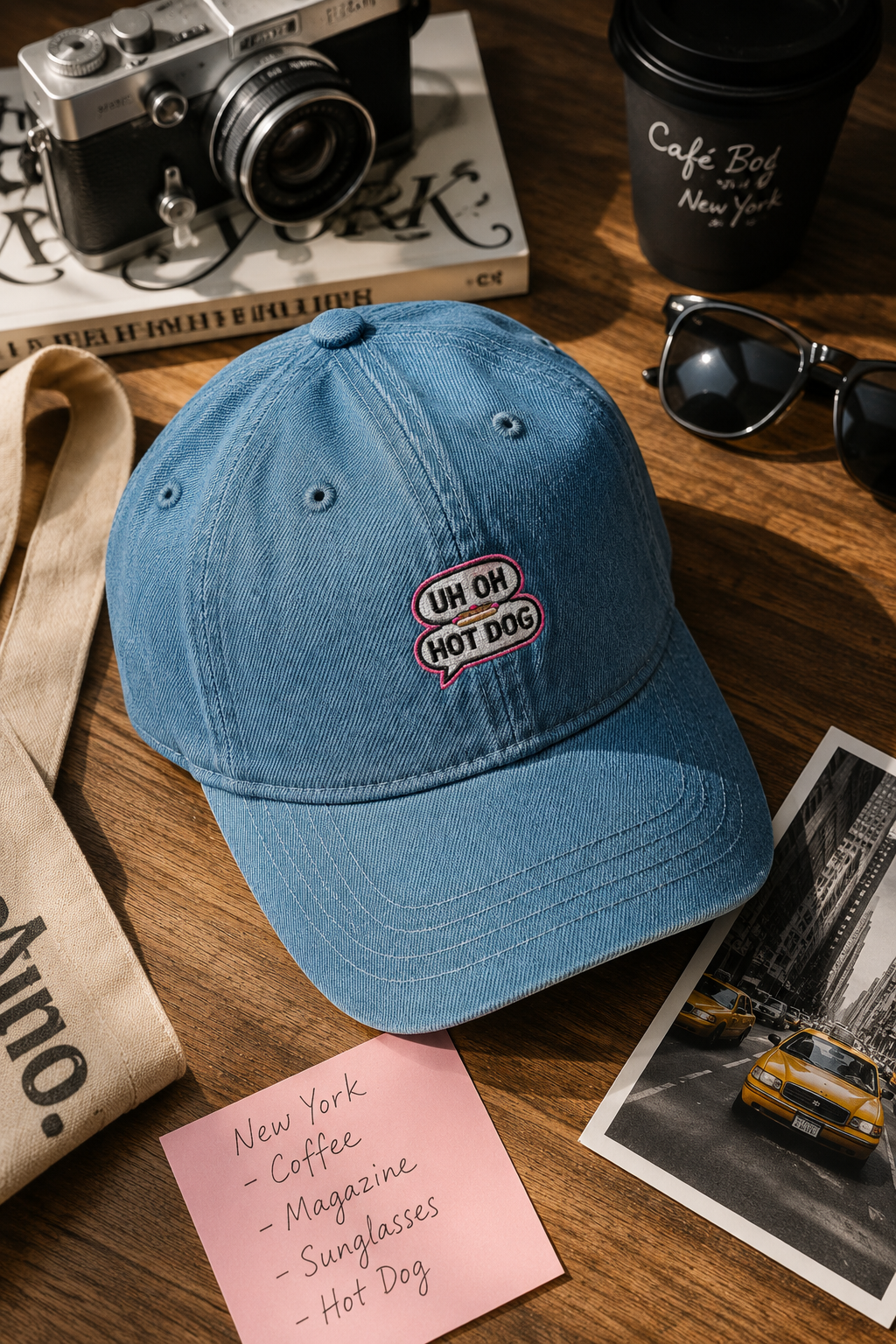Light blue UH OH HOT DOG embroidered denim hat editorial flat lay mockup on wooden background