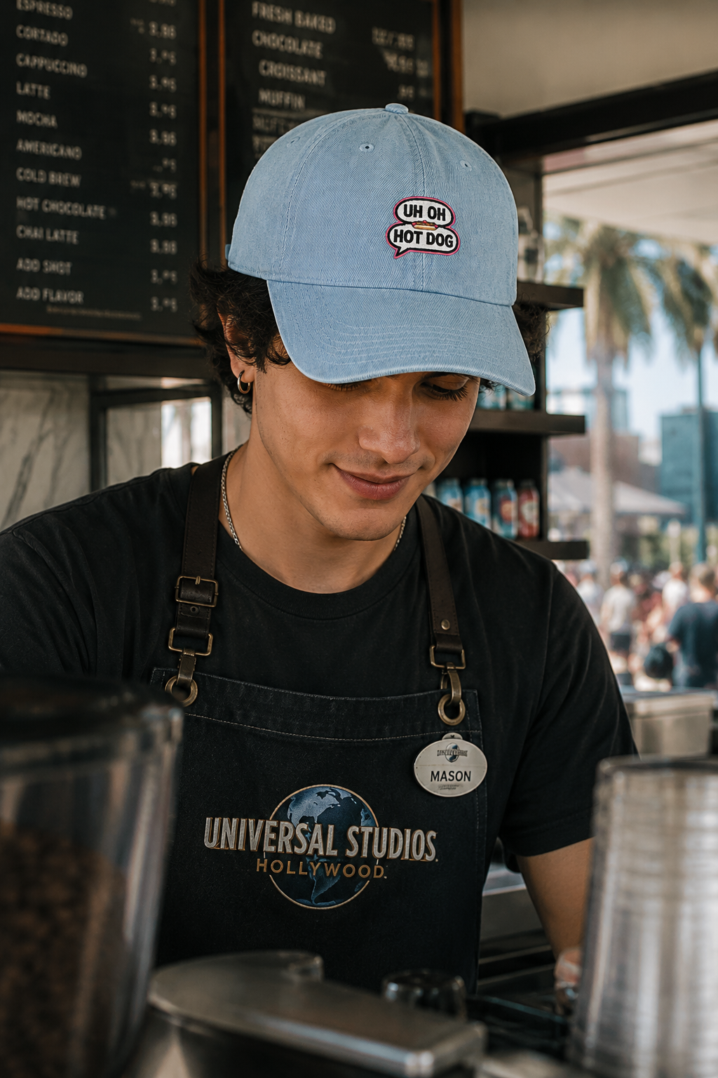 Gen Z barista wearing light blue UH OH HOT DOG embroidered hat at espresso kiosk in Universal Studios