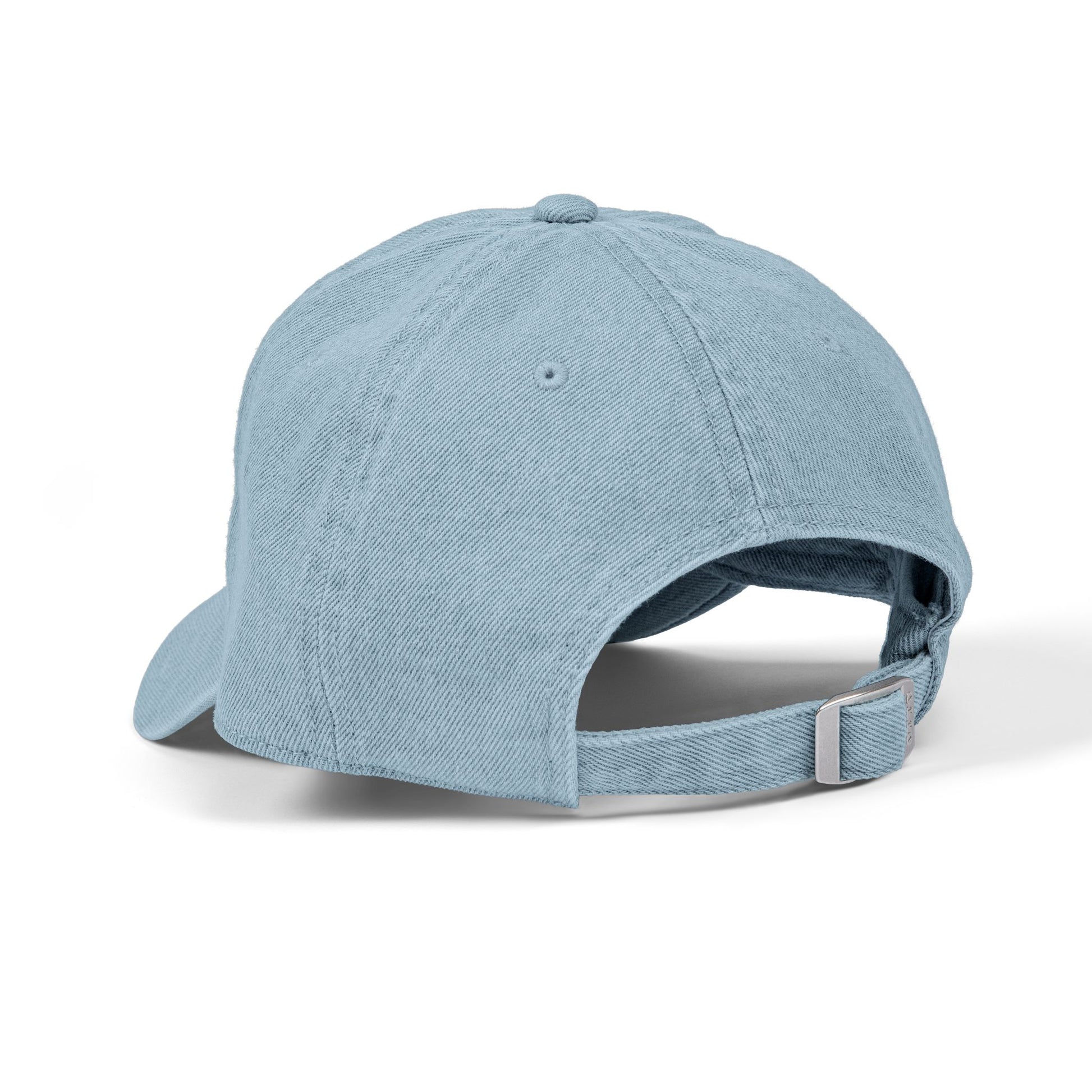 Angled back view of light blue UH OH HOT DOG adjustable denim hat