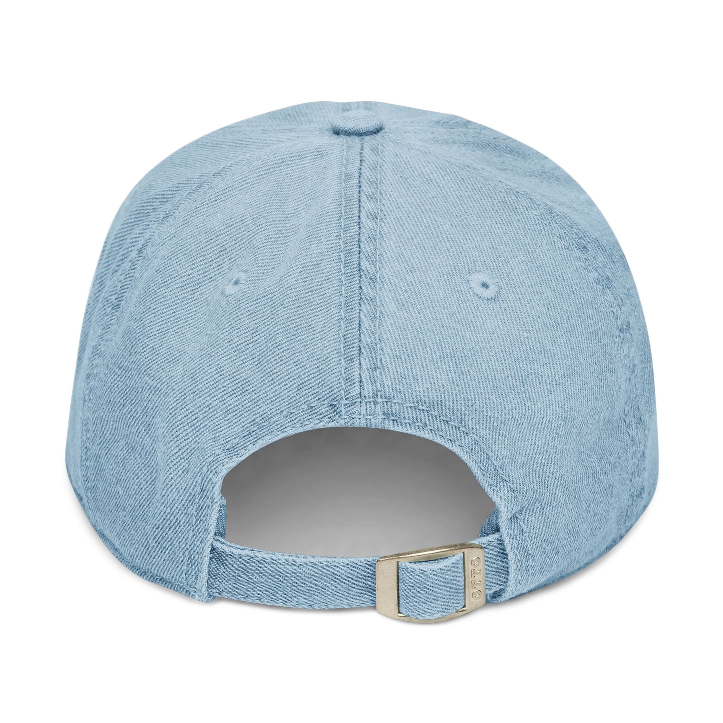 Back detail of light blue UH OH HOT DOG denim dad hat with adjustable strap
