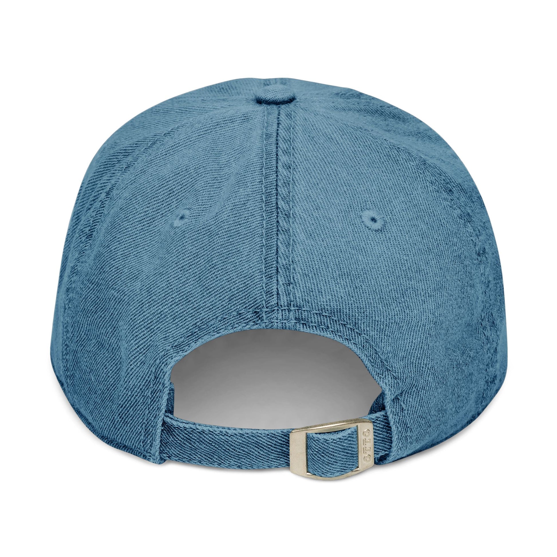 Back view of light blue adjustable UH OH HOT DOG denim dad hat