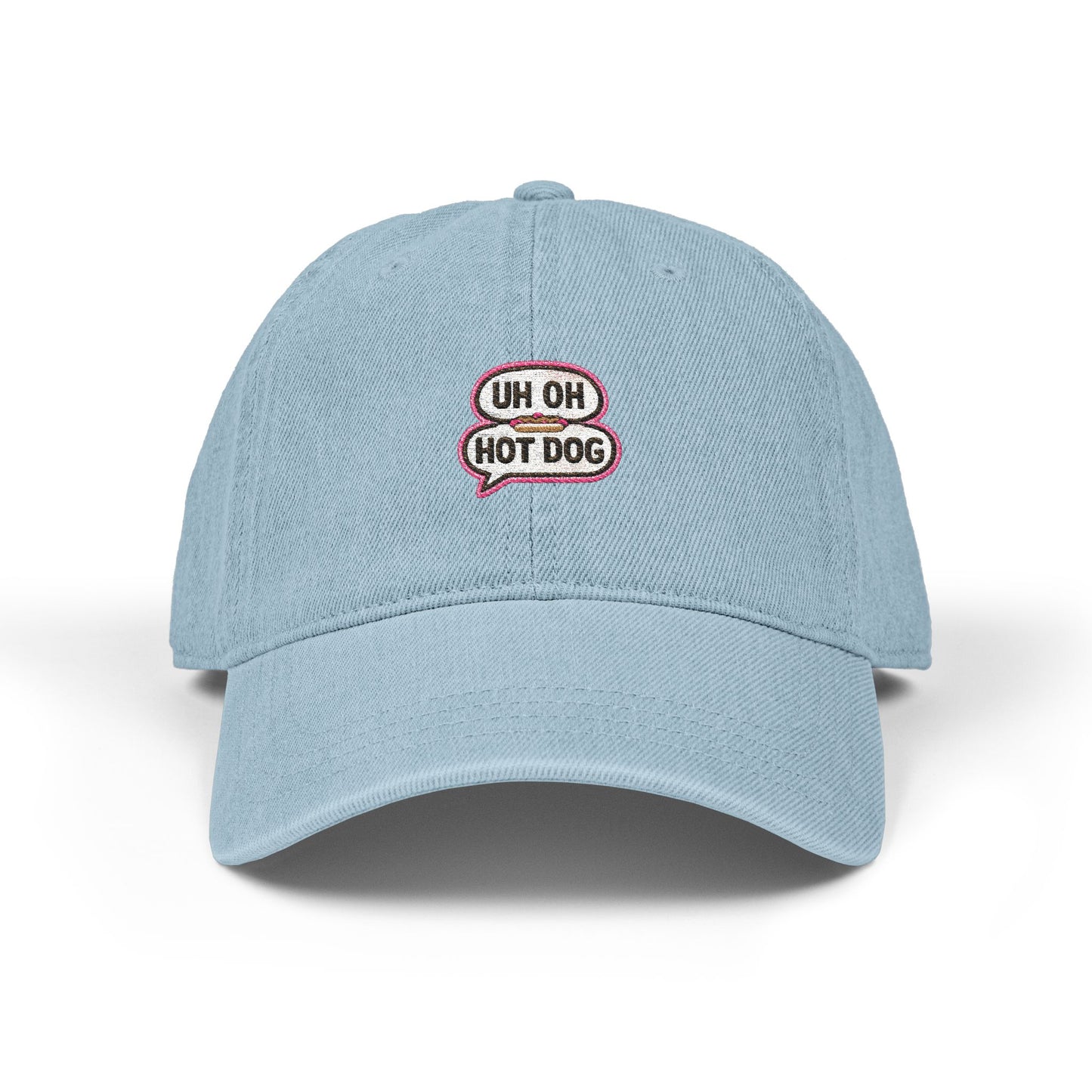 Front detail of light blue UH OH HOT DOG embroidered denim cap