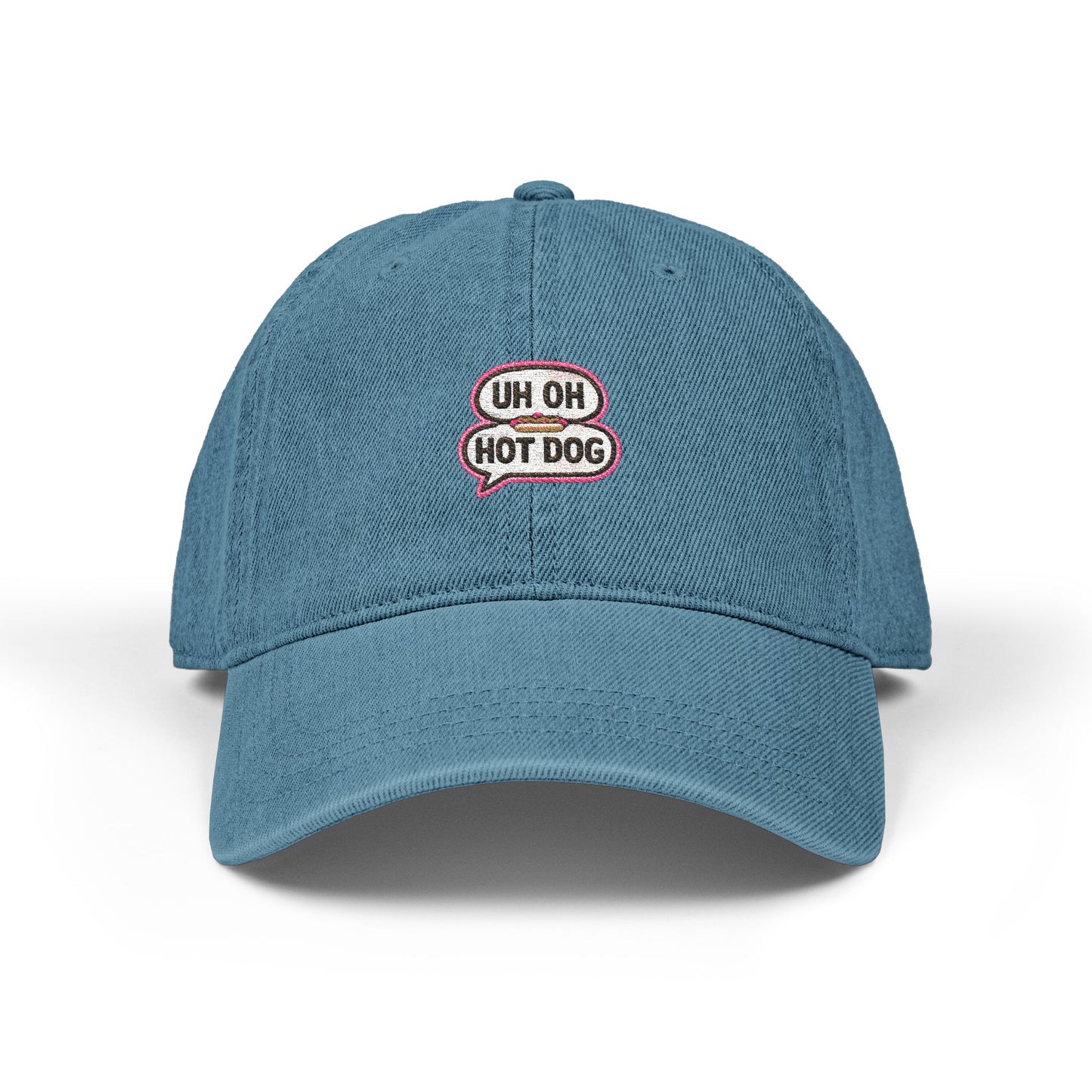 Front view of light blue UH OH HOT DOG embroidered denim dad hat
