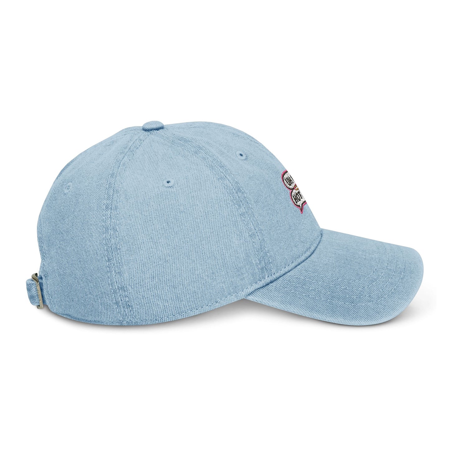 Side profile detail of light blue UH OH HOT DOG embroidered dad hat
