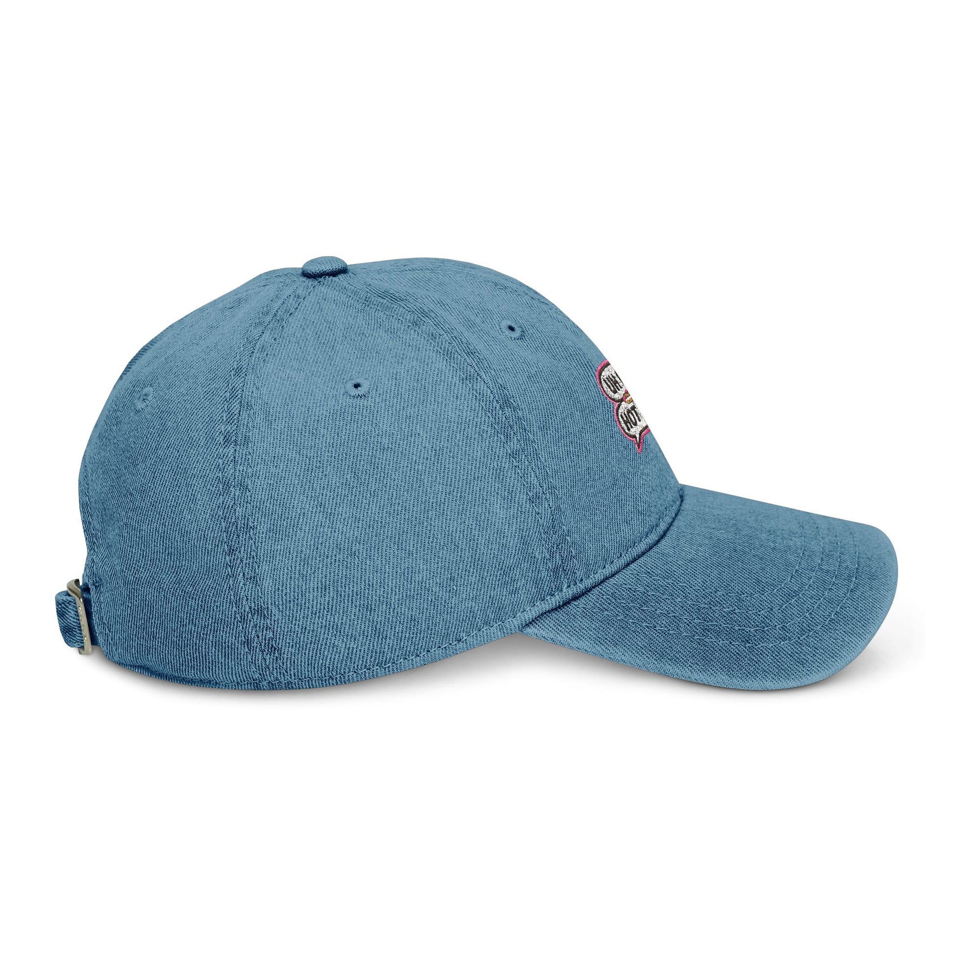 Right side profile of light blue UH OH HOT DOG embroidered dad hat