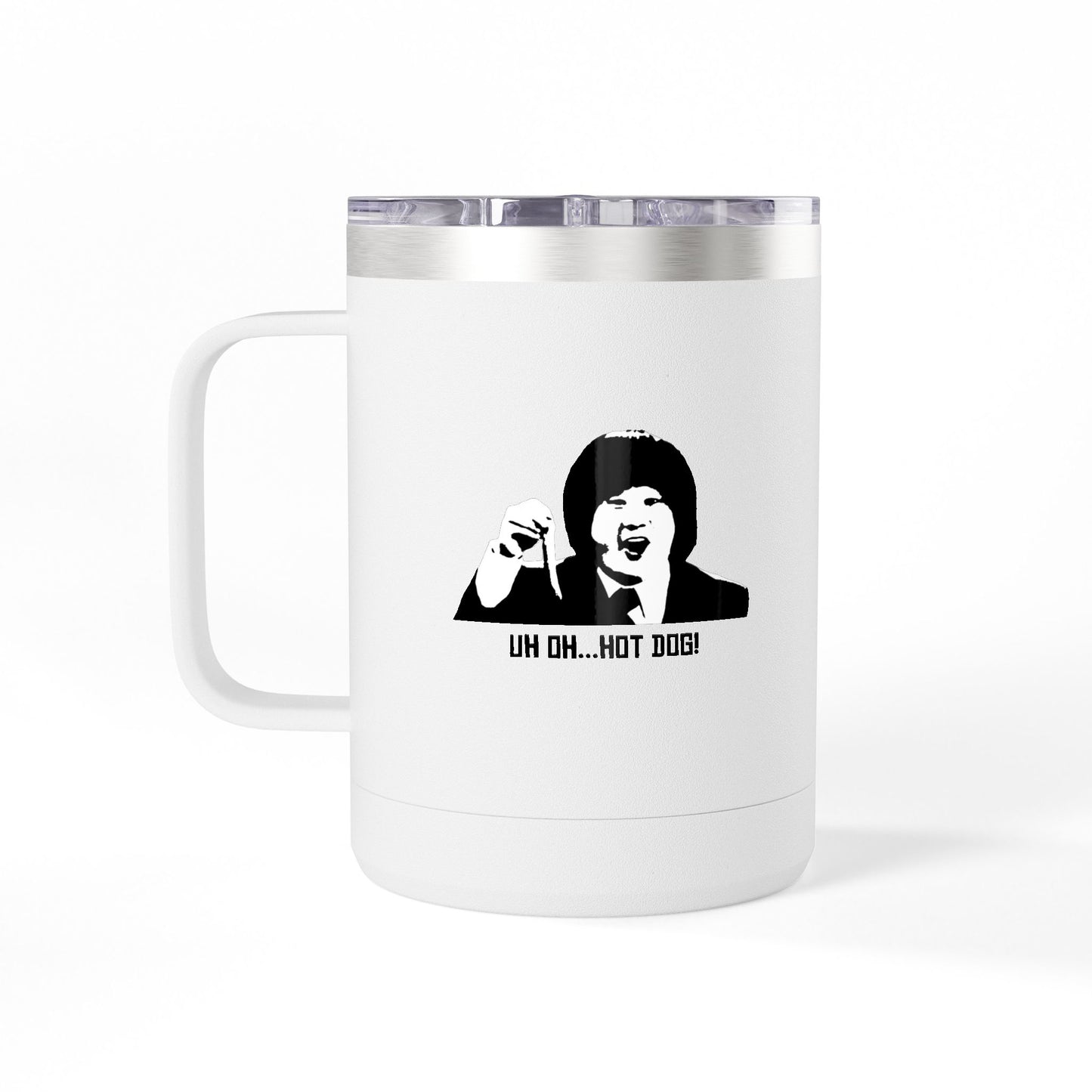 White Uh Oh Hot Dog MADtv travel mug with handle, stainless steel rim and glossy comedy print
