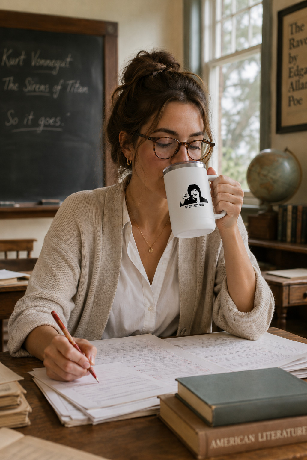 Teacher drinking from a white Uh Oh Hot Dog MADtv insulated travel mug while grading papers
