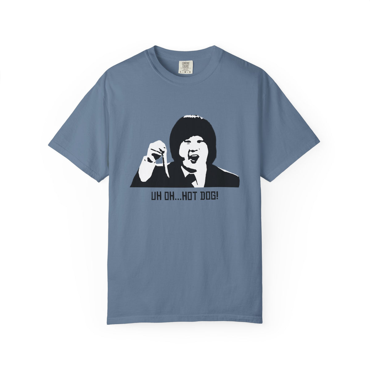 Blue Uh Oh Hot Dog MadTV comedy graphic T-shirt with front character print