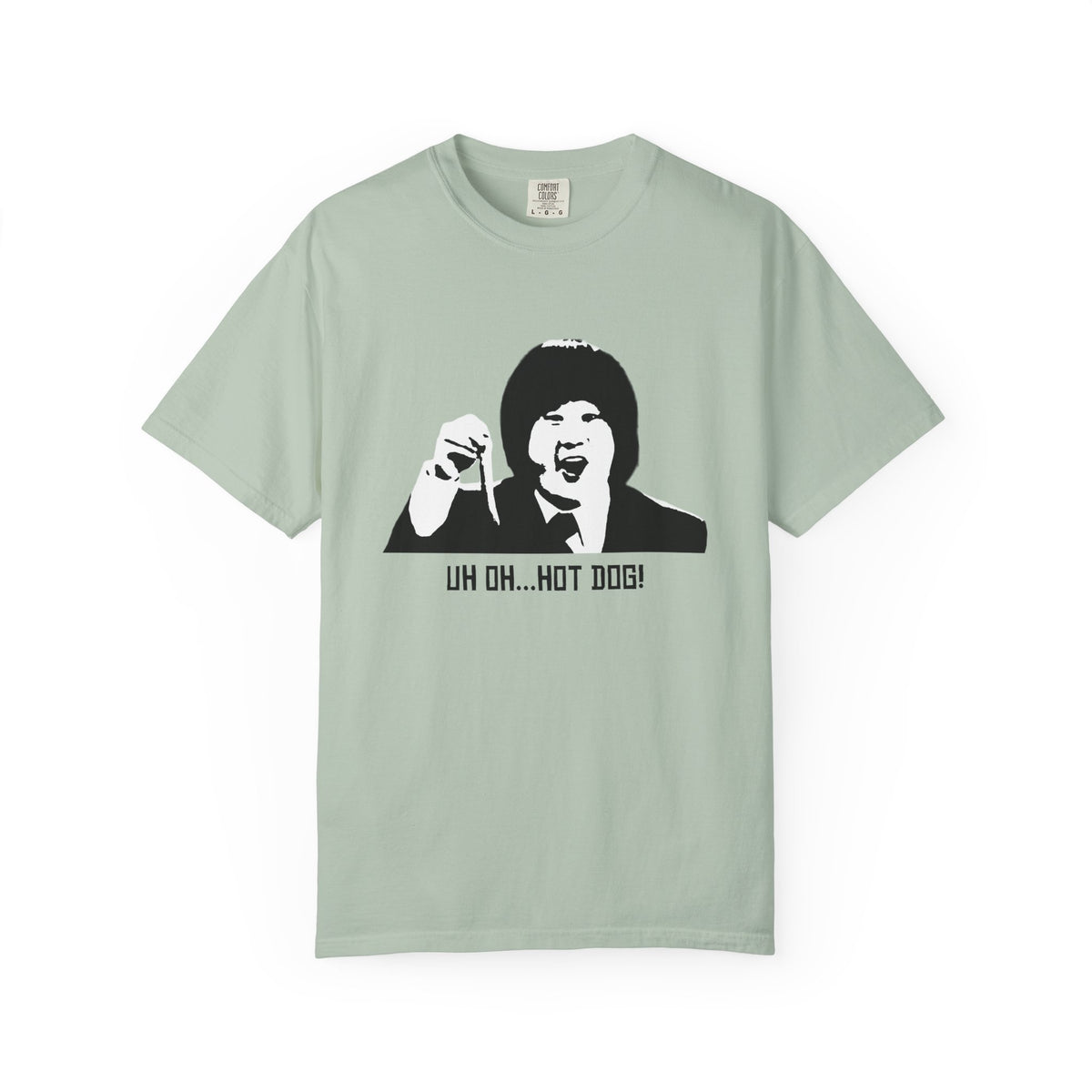 Sage green Uh Oh Hot Dog MadTV graphic T-shirt with front print