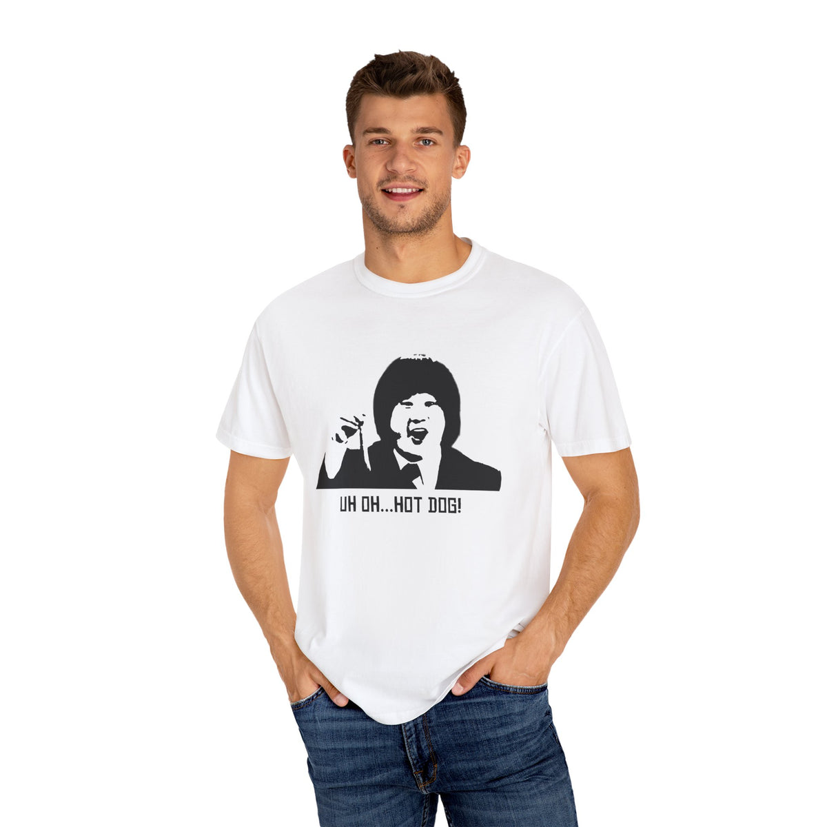 Man wearing white Uh Oh Hot Dog MadTV comedy graphic T-shirt