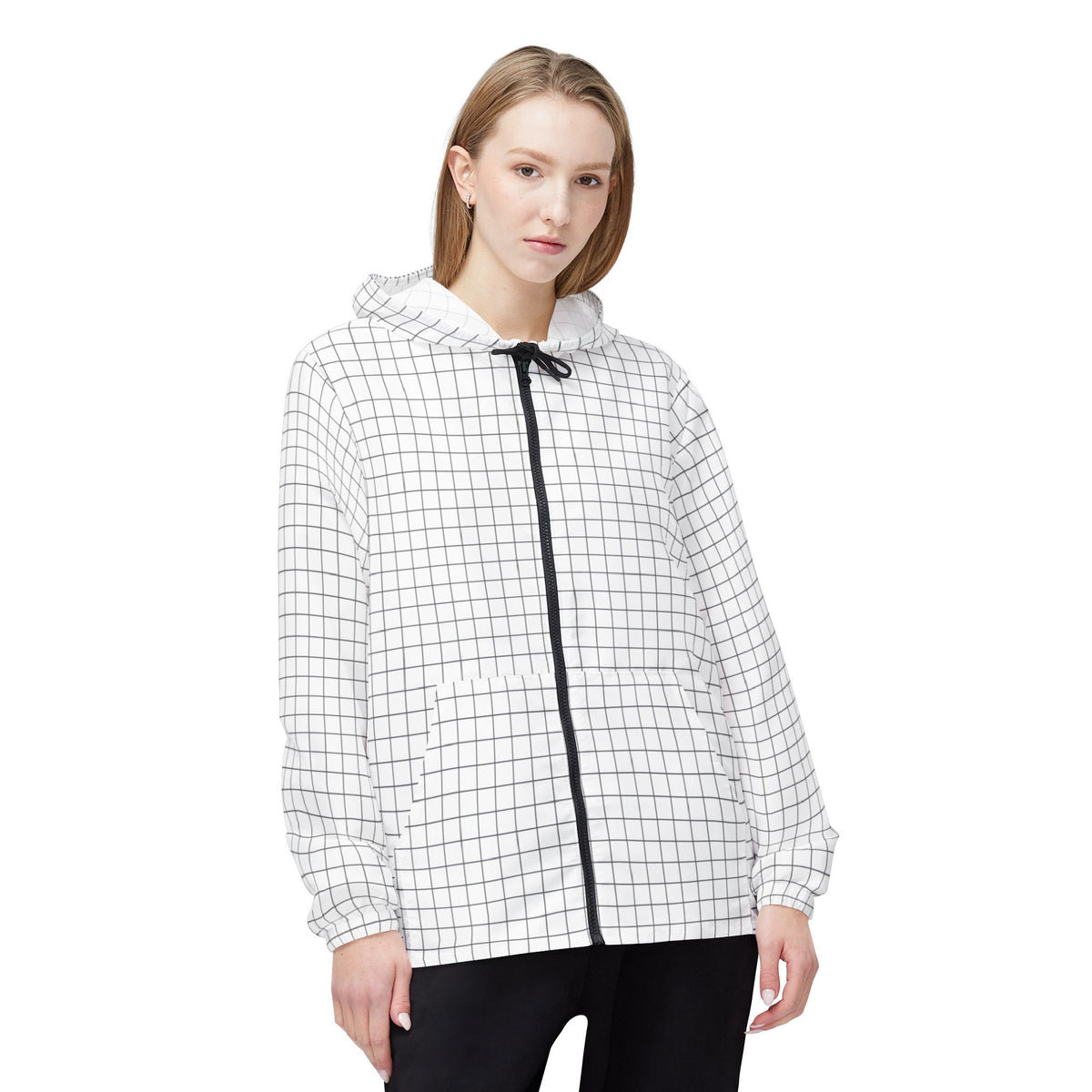Female model front view wearing Grid Windbreaker Jacket with zipper closed.