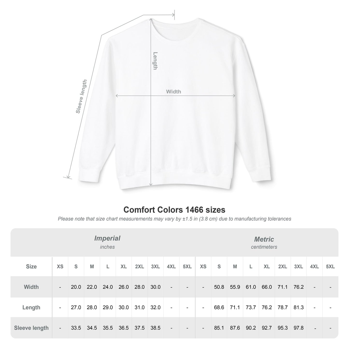 Size chart for unisex lightweight tennis graphic crewneck sweatshirt