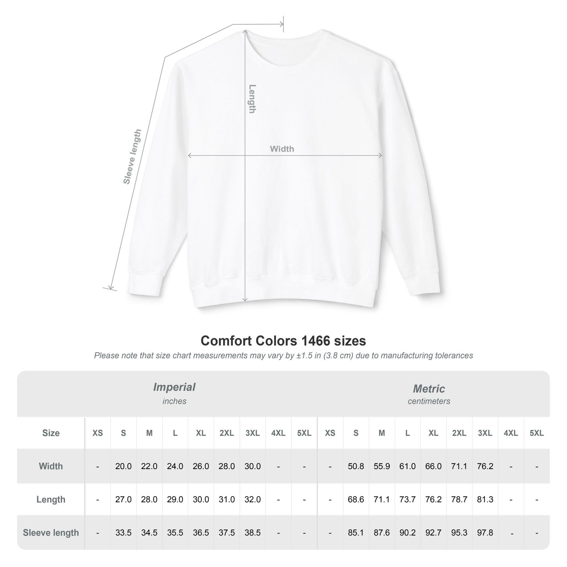 Size chart for unisex lightweight tennis graphic crewneck sweatshirt