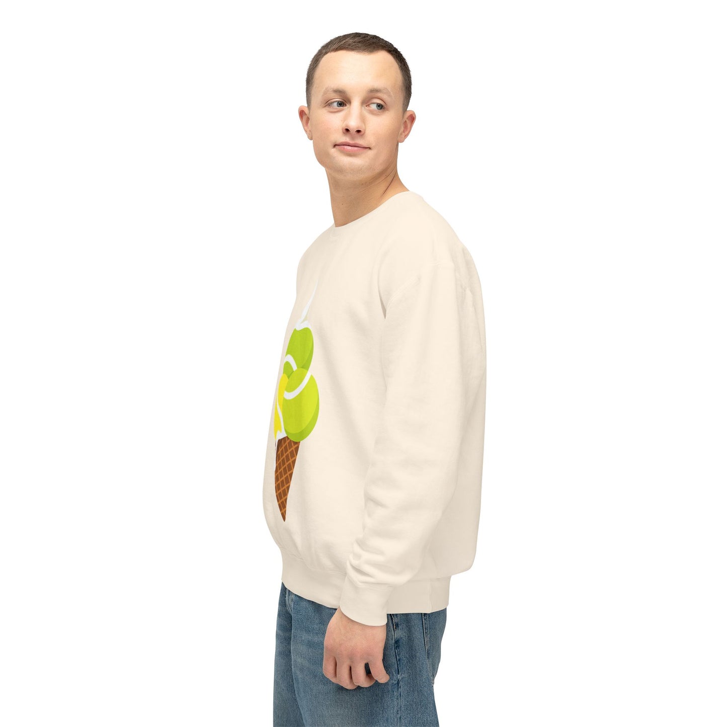 Side view of unisex cream tennis sweatshirt with tennis ball ice cream graphic