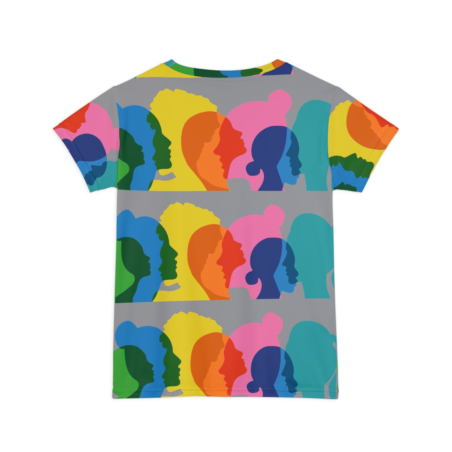 Back product image of colorful women’s diversity graphic T-shirt on white background.
