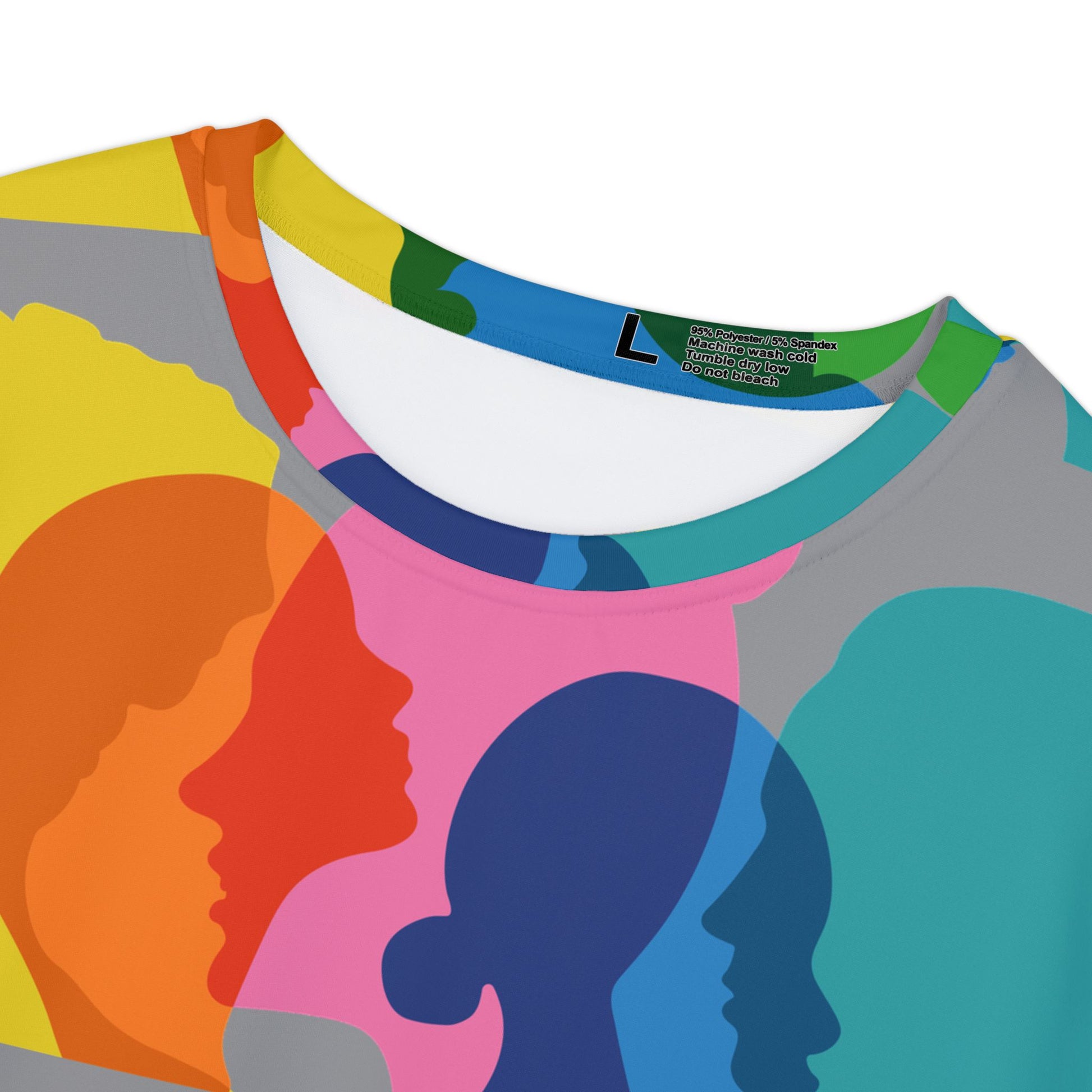 Close-up detail of colorful United We Stand women’s graphic T-shirt fabric and neckline.
