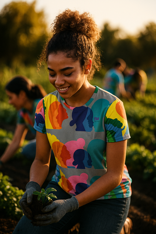 Woman wearing colorful United We Stand diversity graphic T-shirt while volunteering outdoors in a community garden.
