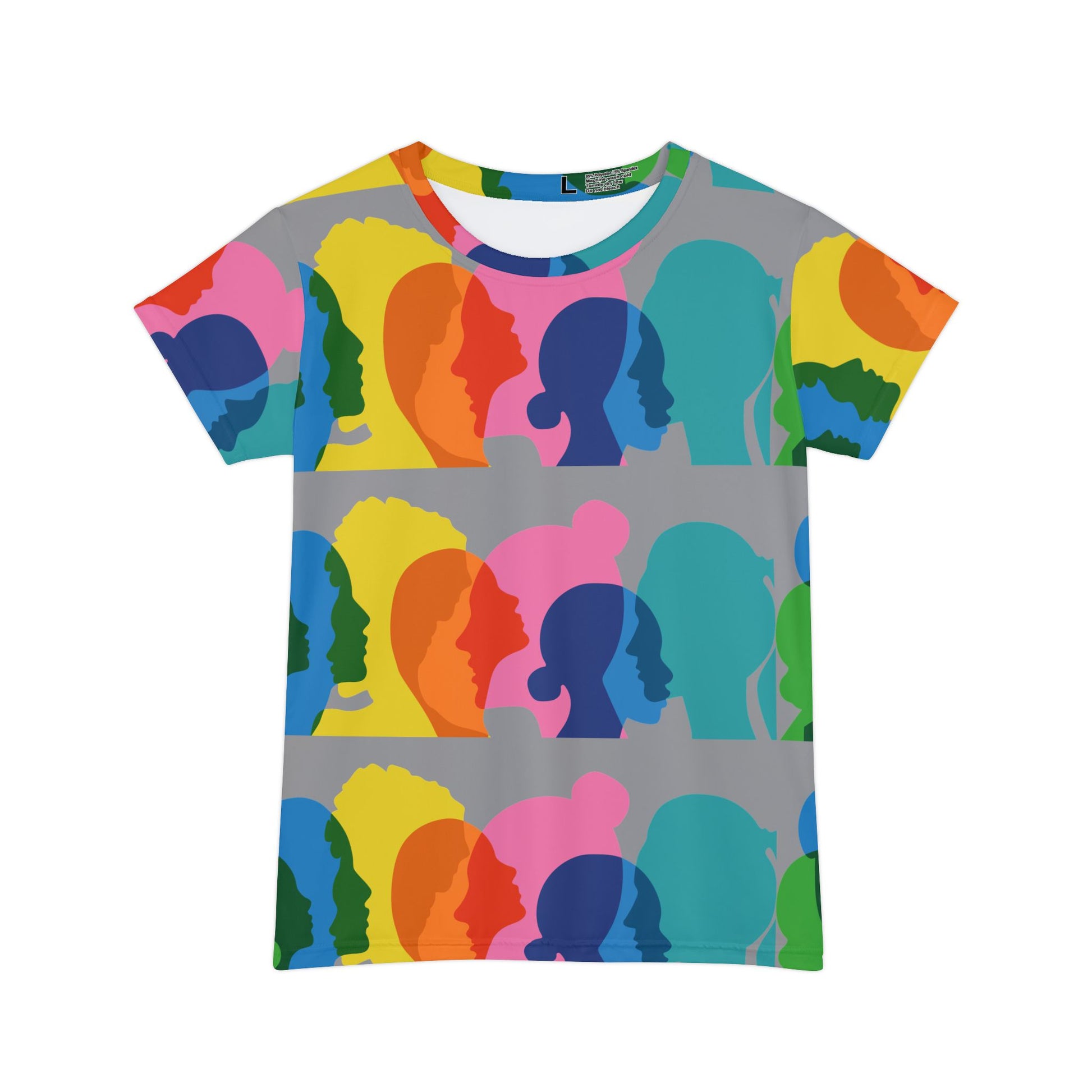 Front product image of colorful United We Stand women’s graphic T-shirt featuring overlapping silhouette artwork.