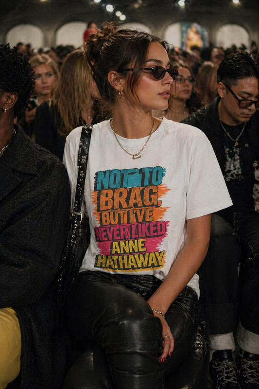 Funny Anne Hathaway t-shirt streetwear outfit Gen Z woman wearing sarcastic graphic tee pop culture shirt