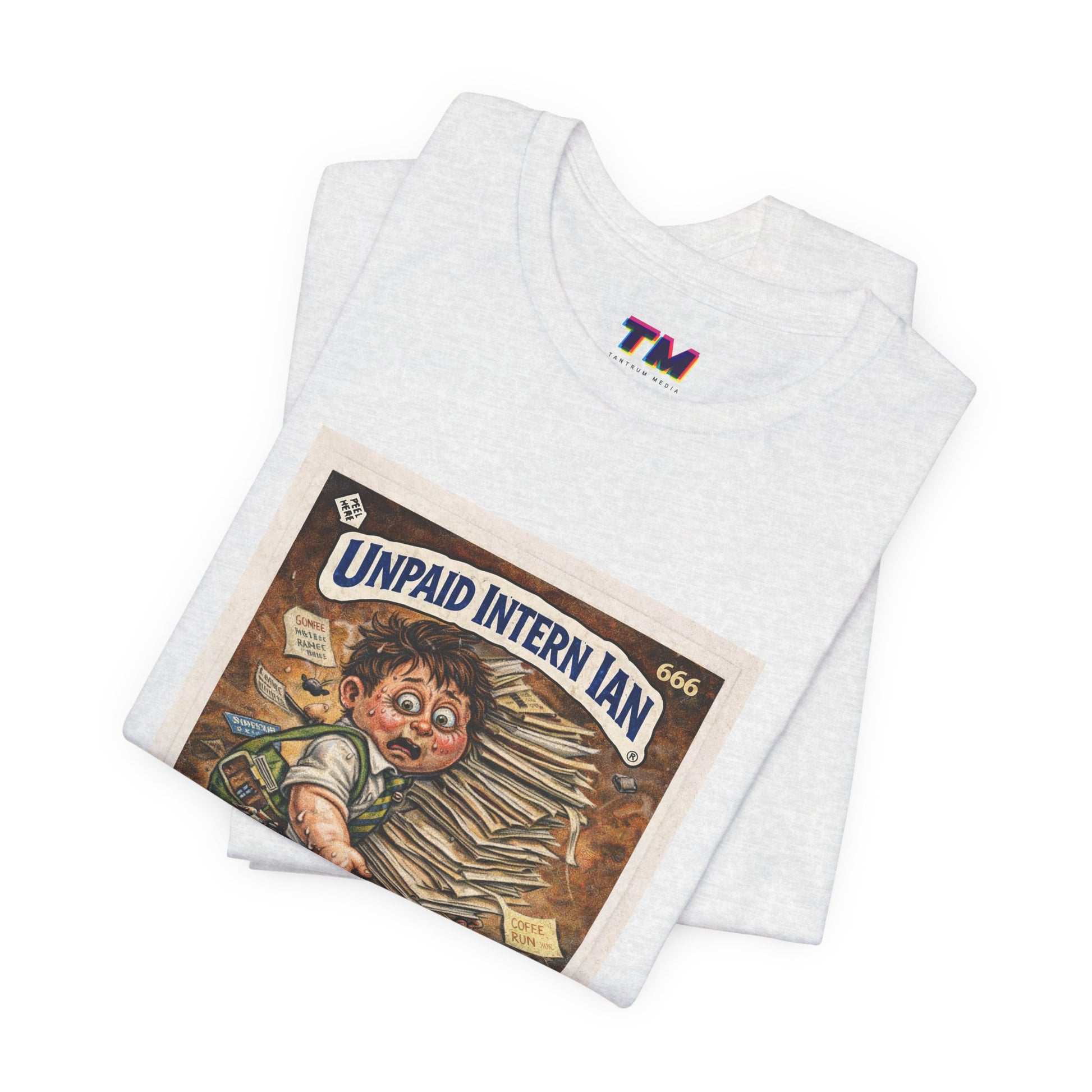 Folded white Unpaid Intern Ian parody work humor graphic t-shirt