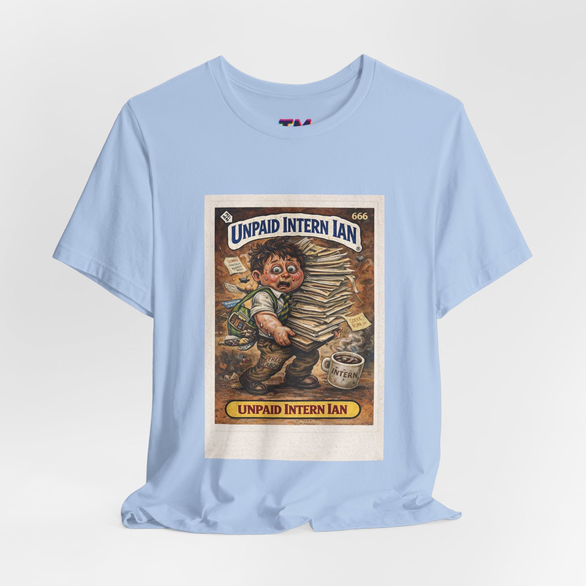 Unpaid Intern Ian light blue unisex graphic T-shirt featuring retro-inspired corporate satire artwork of an overworked intern carrying paperwork on soft pastel blue cotton fabric against a light gray background.
