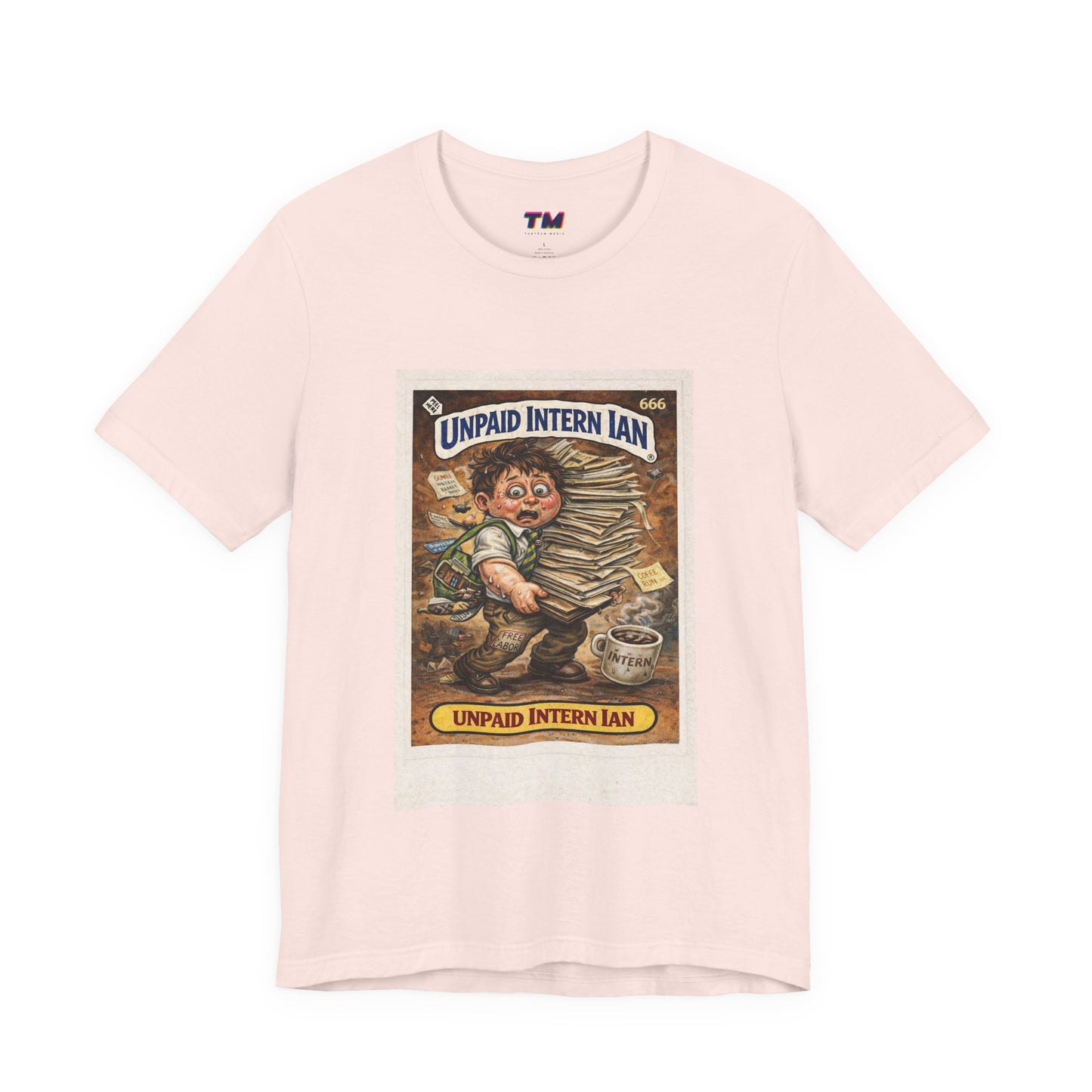 Unpaid Intern Ian Garbage Pail Kids inspired light pink graphic t-shirt front product image