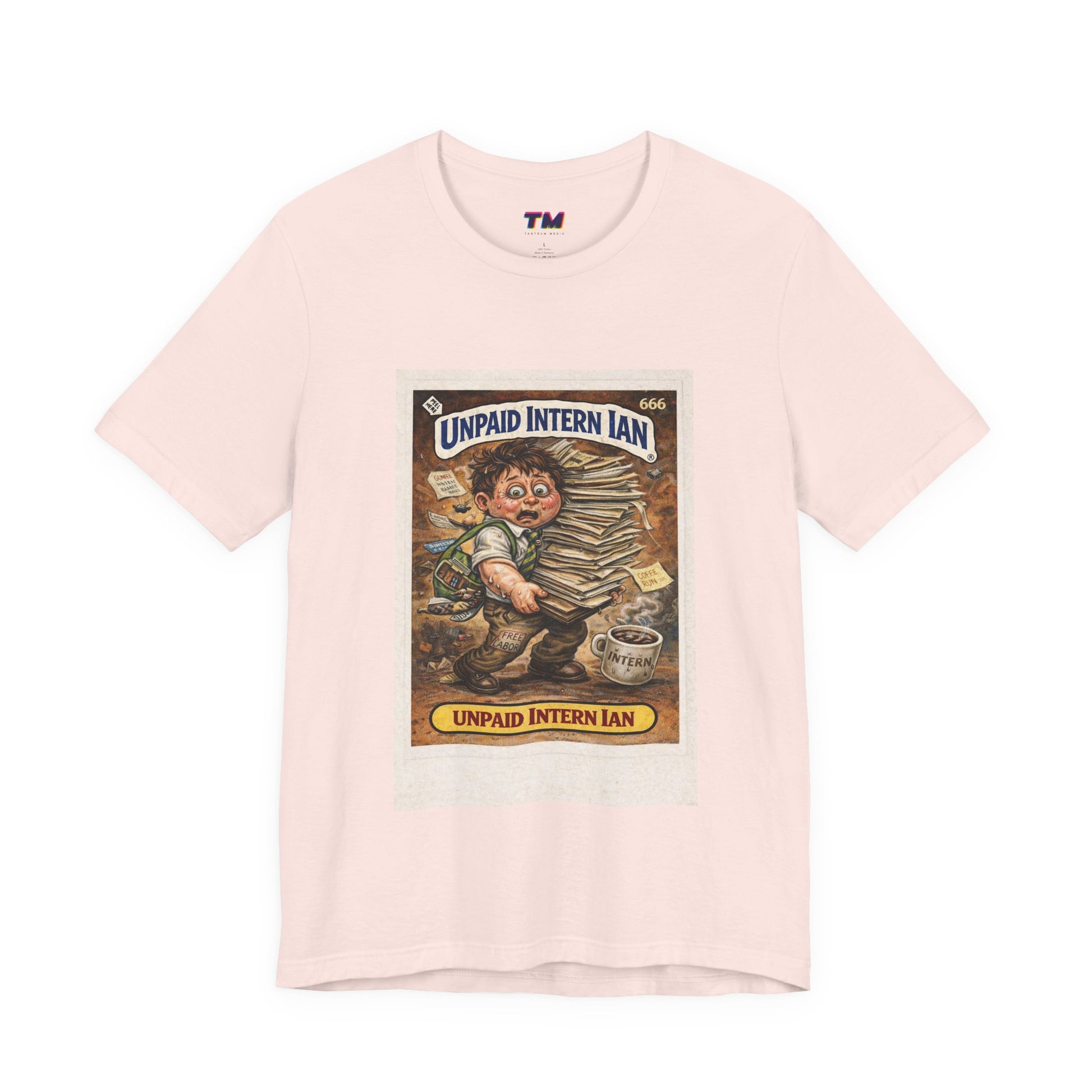 Unpaid Intern Ian Garbage Pail Kids inspired light pink graphic t-shirt front product image
