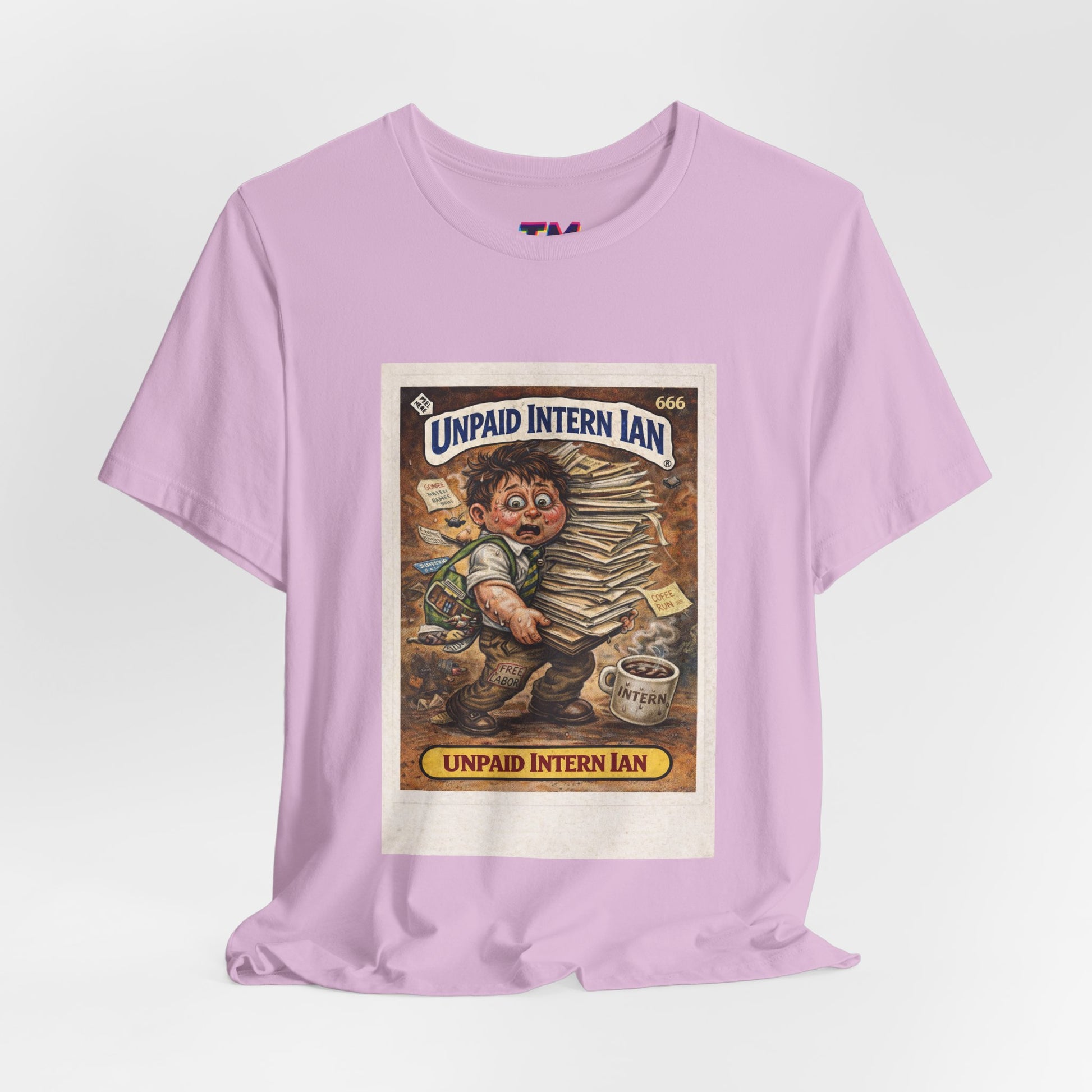 Unpaid Intern Ian purple t-shirt front view, sarcastic office humor graphic tee
