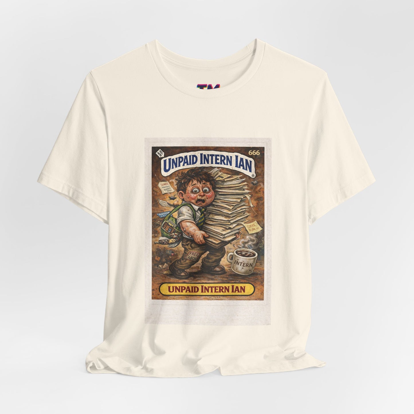 Unpaid Intern Ian retro parody card style beige graphic t-shirt front view