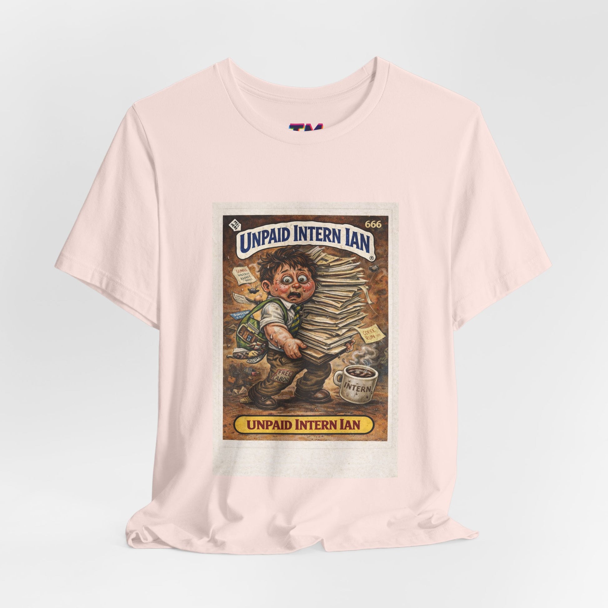 Unpaid Intern Ian retro parody card style t-shirt in pink with funny office burnout graphic