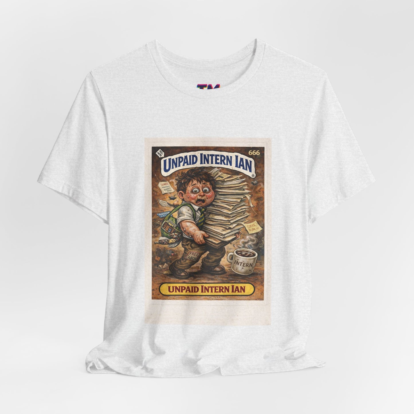Unpaid Intern Ian white unisex graphic T-shirt featuring retro-inspired corporate satire artwork of an overworked intern carrying stacks of paperwork on soft white cotton fabric against a light gray background.