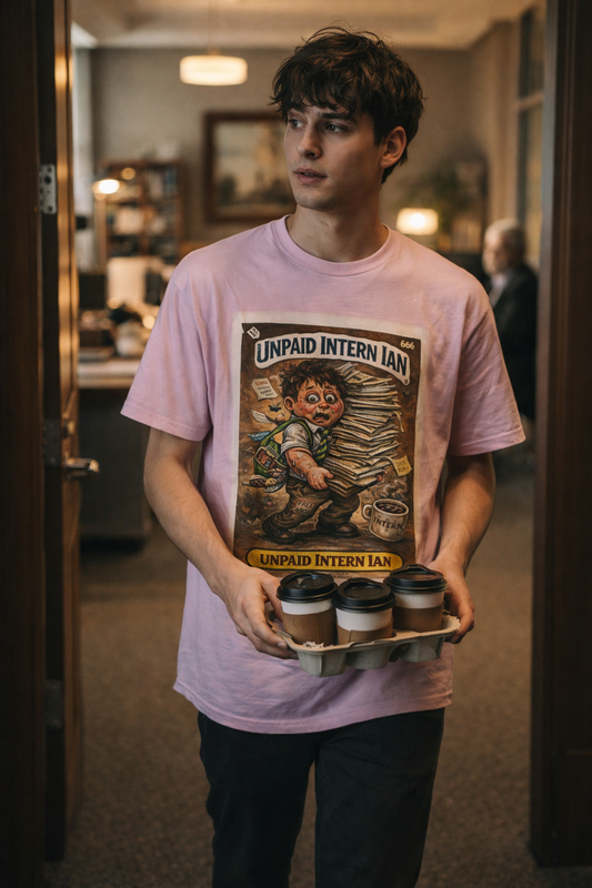Model wearing Unpaid Intern Ian Garbage Pail Kids inspired graphic t-shirt carrying coffee cups in an office hallway