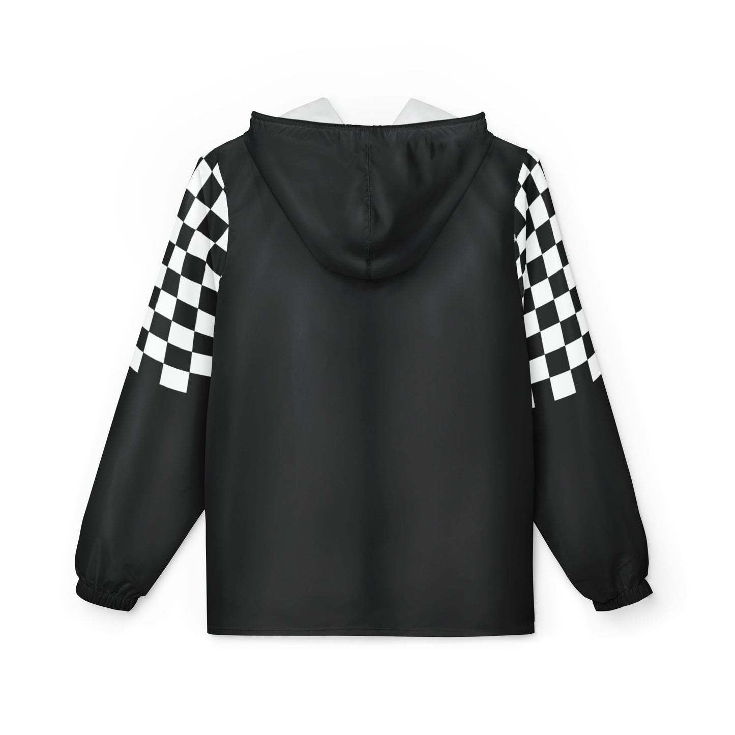Back flat lay of black Urban Lines Windbreaker with checkerboard sleeve design
