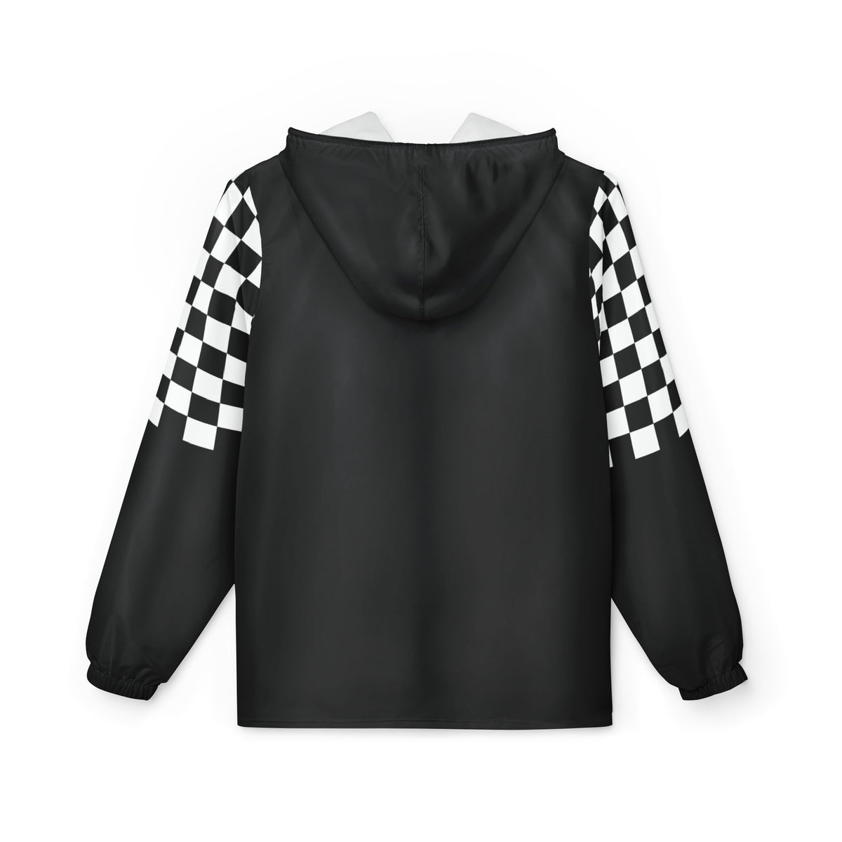 Back flat lay of black Urban Lines Windbreaker with checkerboard sleeve design
