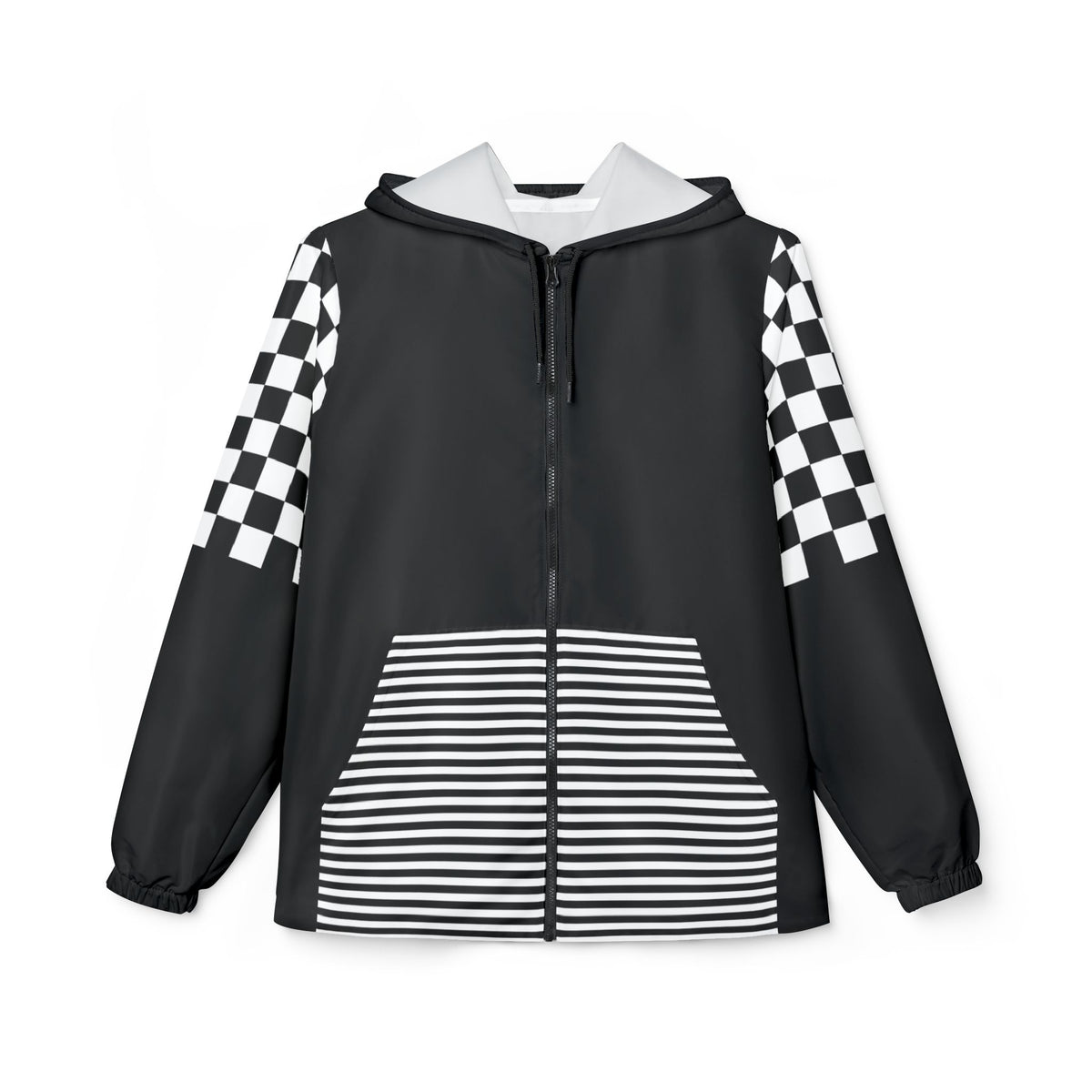 Front flat lay of black Urban Lines Windbreaker with checkered sleeves and striped pockets